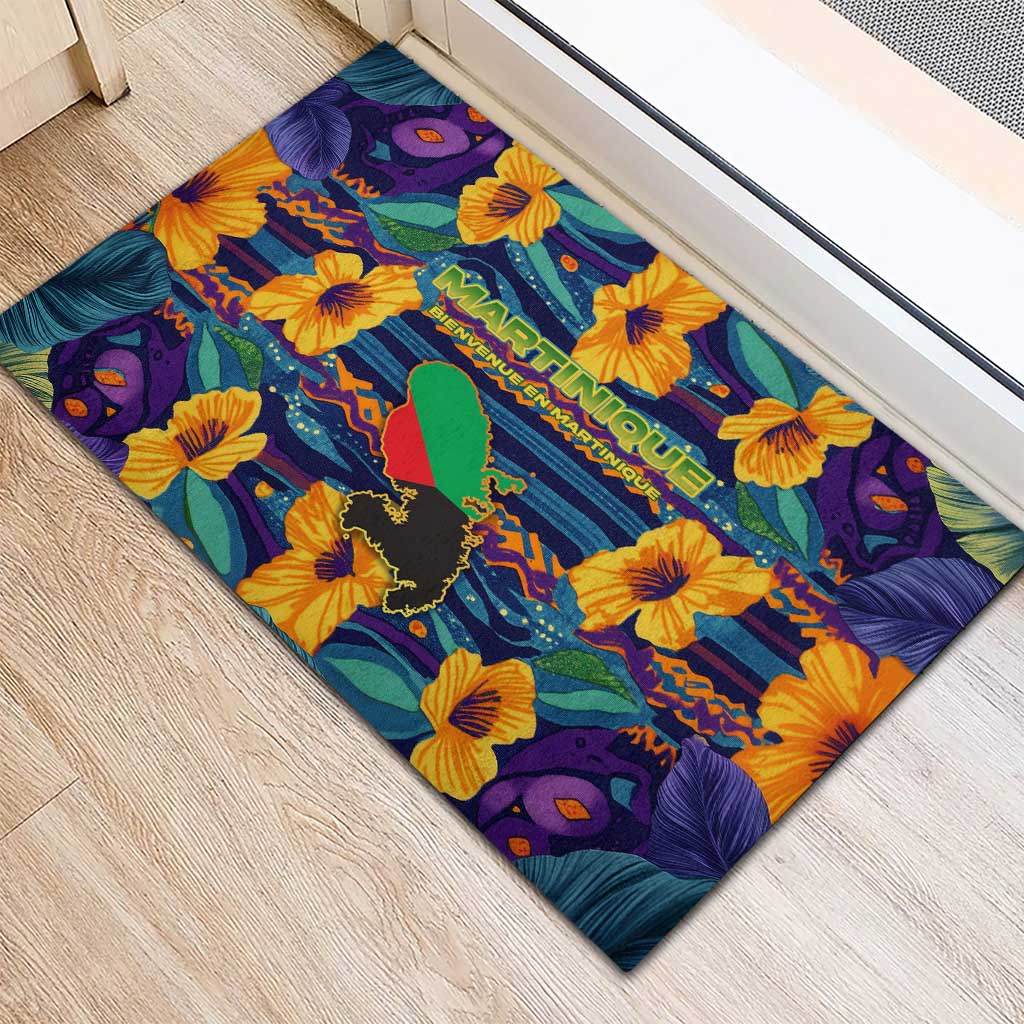 Martinique Map and Hibiscus Rubber Doormat Island Silhouette with Tribal Stripe Accents