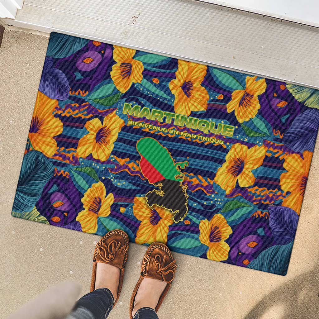 Martinique Map and Hibiscus Rubber Doormat Island Silhouette with Tribal Stripe Accents