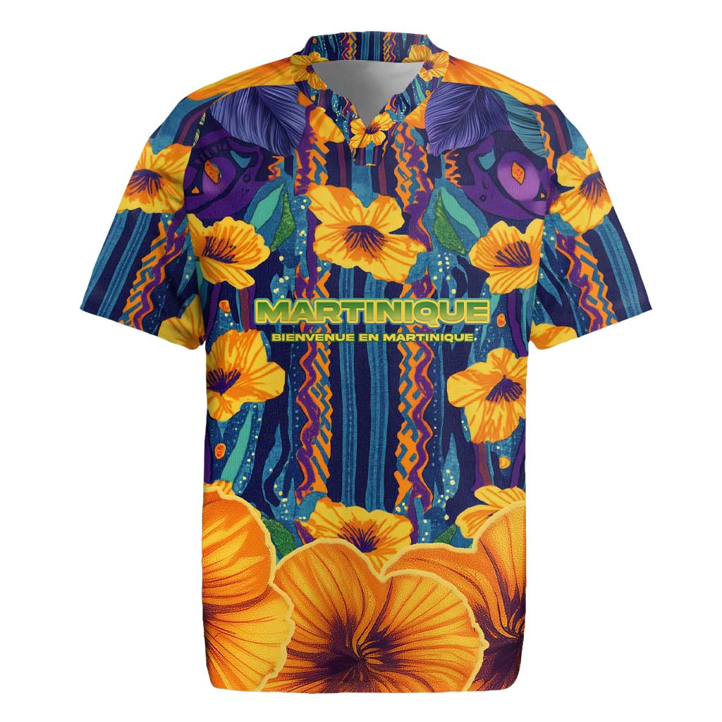 Martinique Map and Hibiscus Rugby Jersey Island Silhouette with Tribal Stripe Accents
