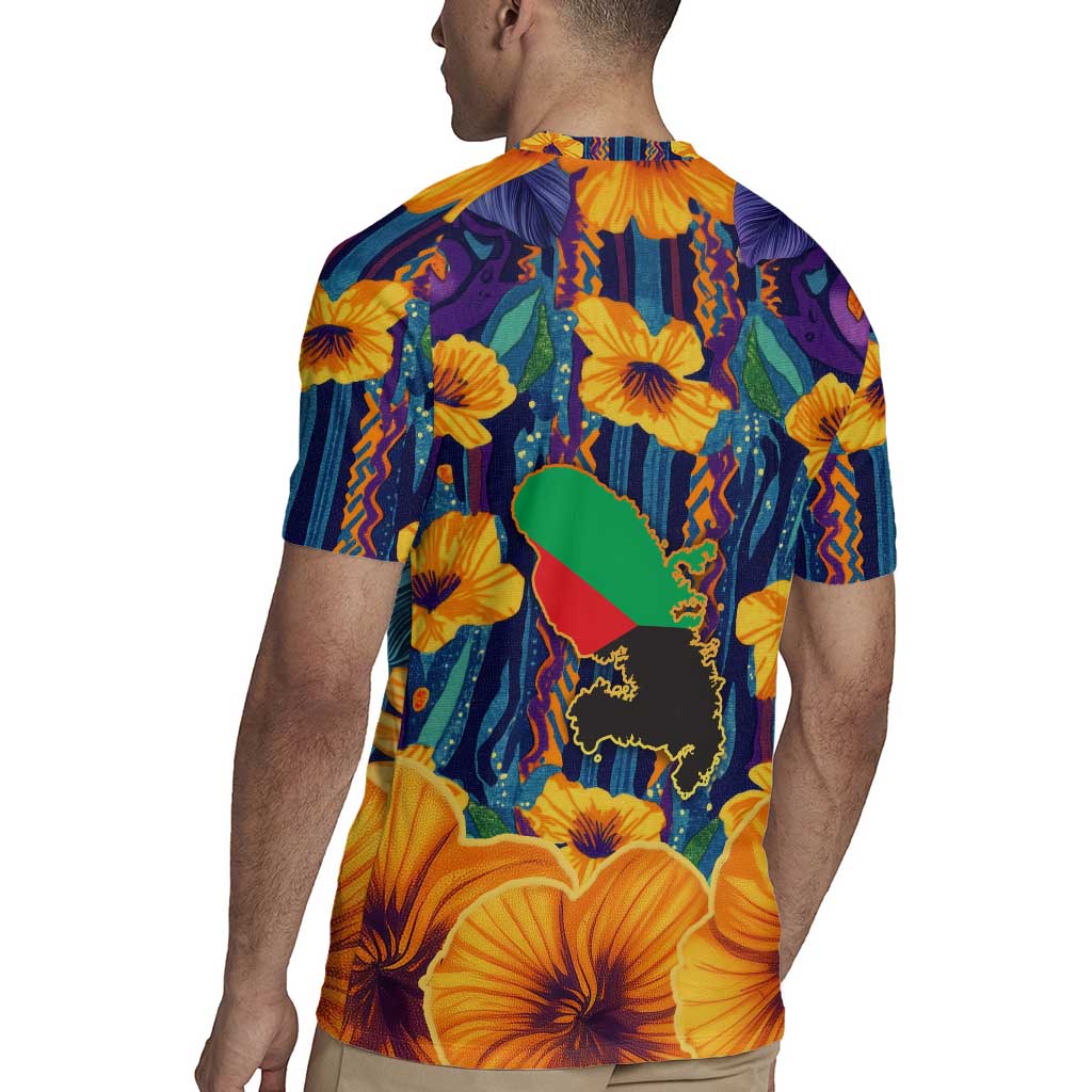 Martinique Map and Hibiscus Rugby Jersey Island Silhouette with Tribal Stripe Accents
