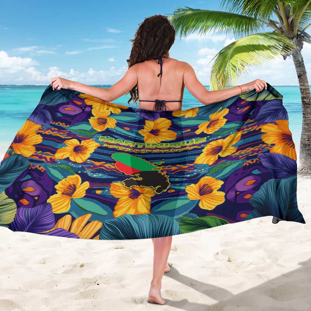 Martinique Map and Hibiscus Sarong Island Silhouette with Tribal Stripe Accents