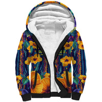 Martinique Map and Hibiscus Sherpa Hoodie Island Silhouette with Tribal Stripe Accents