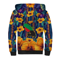 Martinique Map and Hibiscus Sherpa Hoodie Island Silhouette with Tribal Stripe Accents