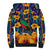 Martinique Map and Hibiscus Sherpa Hoodie Island Silhouette with Tribal Stripe Accents