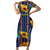 Martinique Map and Hibiscus Short Sleeve Bodycon Dress Island Silhouette with Tribal Stripe Accents