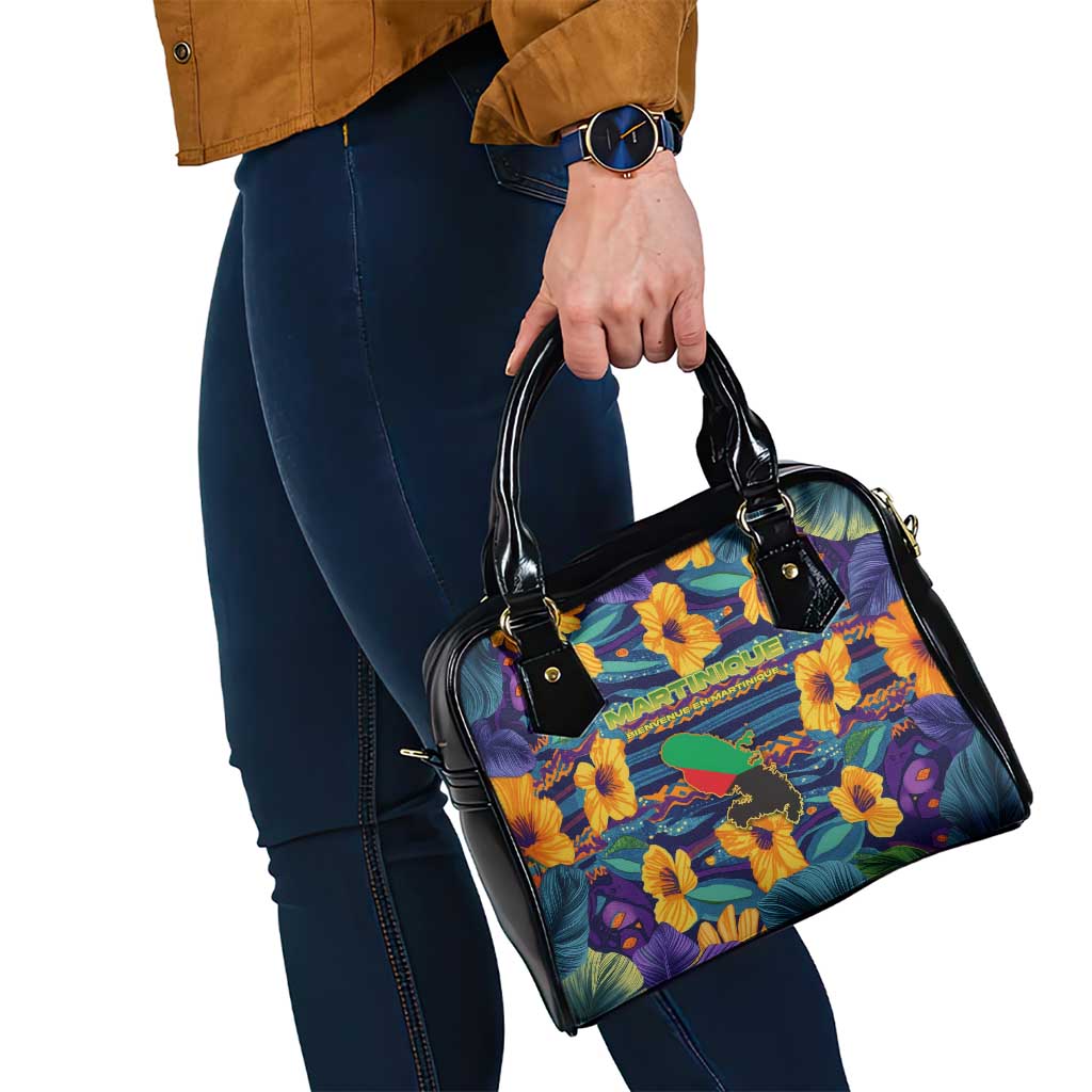 Martinique Map and Hibiscus Shoulder Handbag Island Silhouette with Tribal Stripe Accents