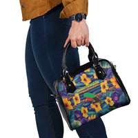 Martinique Map and Hibiscus Shoulder Handbag Island Silhouette with Tribal Stripe Accents