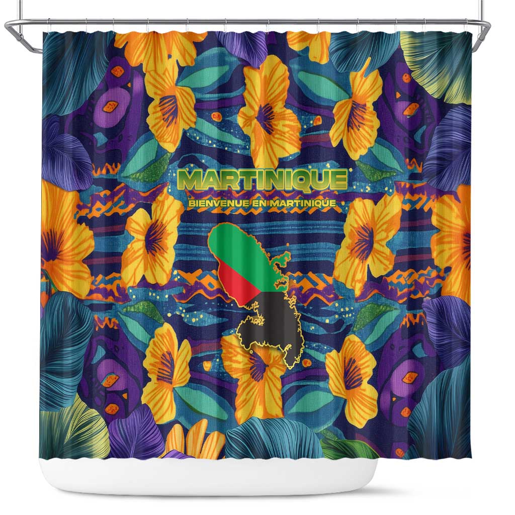 Martinique Map and Hibiscus Shower Curtain Island Silhouette with Tribal Stripe Accents