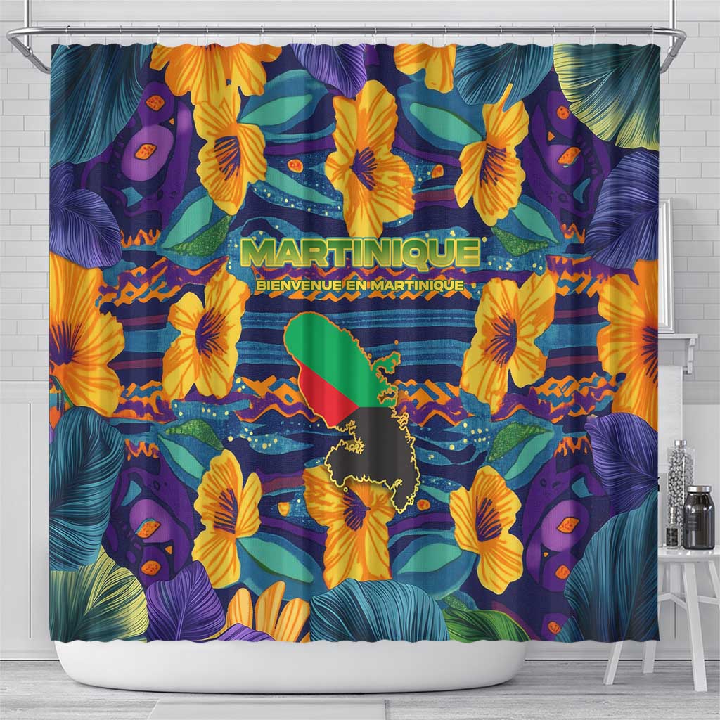 Martinique Map and Hibiscus Shower Curtain Island Silhouette with Tribal Stripe Accents