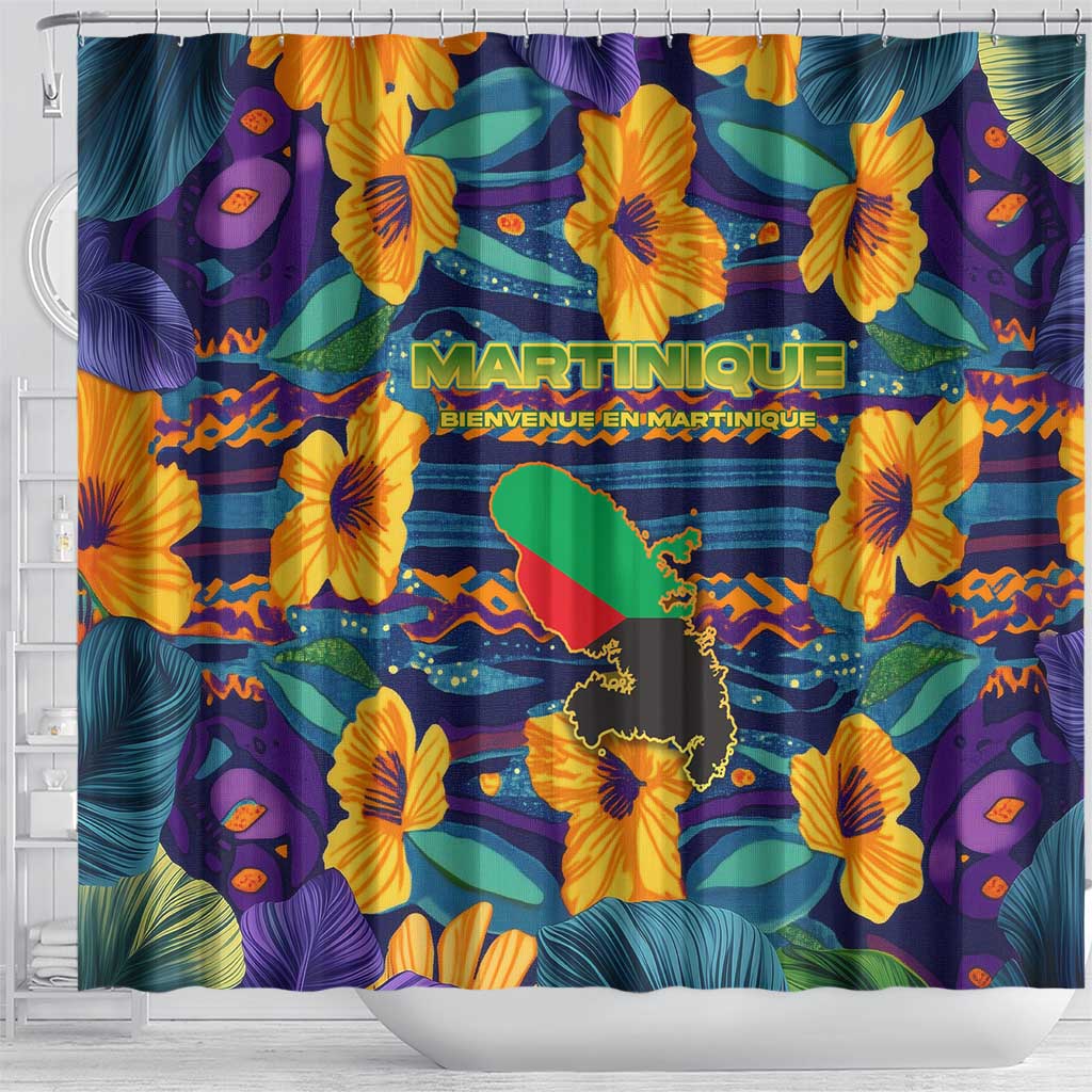 Martinique Map and Hibiscus Shower Curtain Island Silhouette with Tribal Stripe Accents