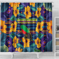 Martinique Map and Hibiscus Shower Curtain Island Silhouette with Tribal Stripe Accents