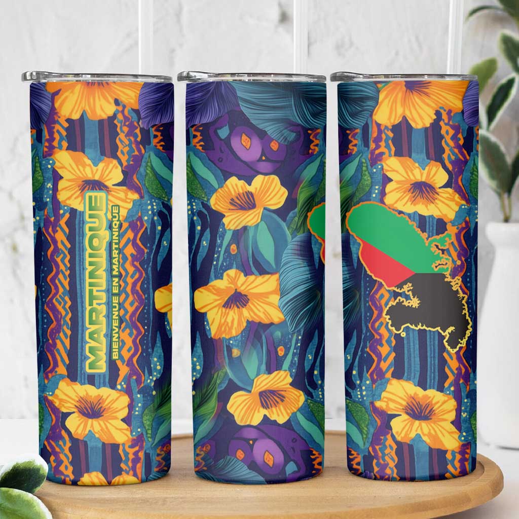 Martinique Map and Hibiscus Skinny Tumbler Island Silhouette with Tribal Stripe Accents