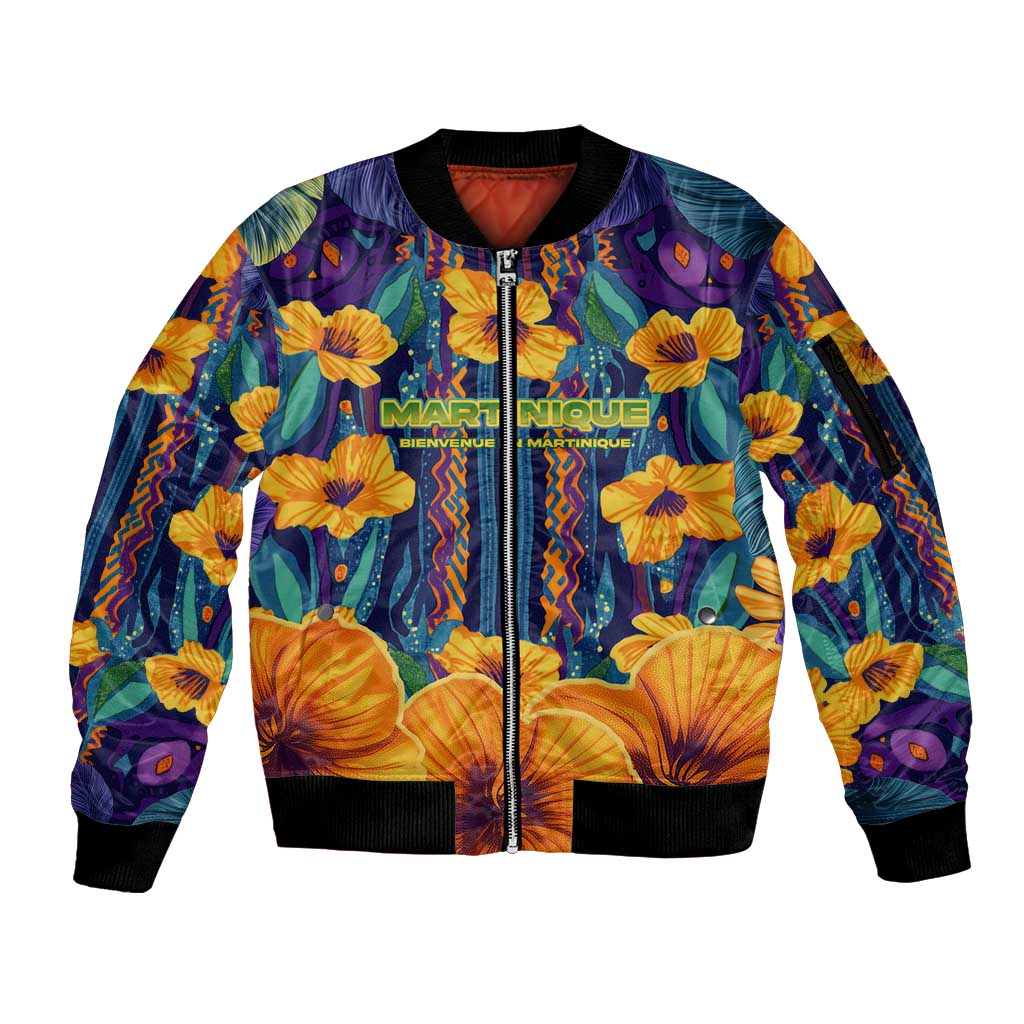 Martinique Map and Hibiscus Sleeve Zip Bomber Jacket Island Silhouette with Tribal Stripe Accents