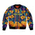 Martinique Map and Hibiscus Sleeve Zip Bomber Jacket Island Silhouette with Tribal Stripe Accents