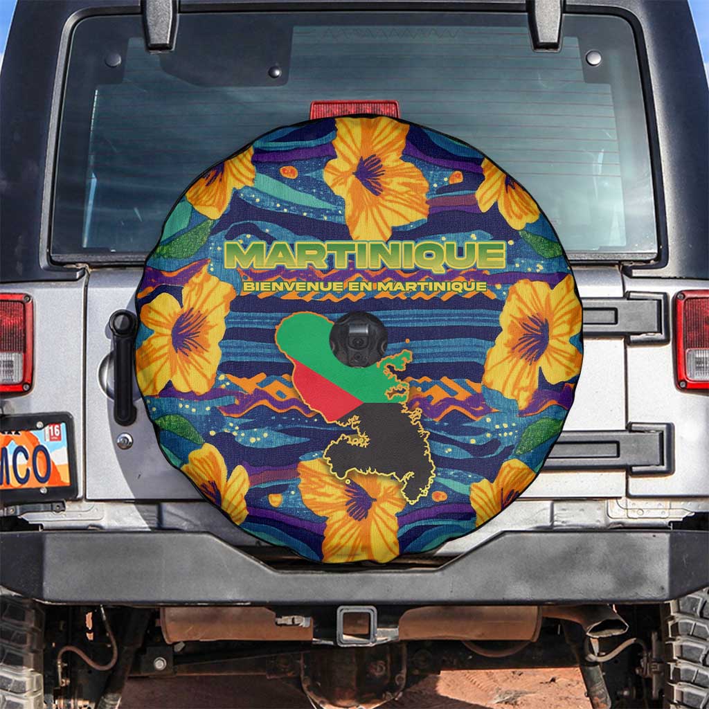 Martinique Map and Hibiscus Spare Tire Cover Island Silhouette with Tribal Stripe Accents