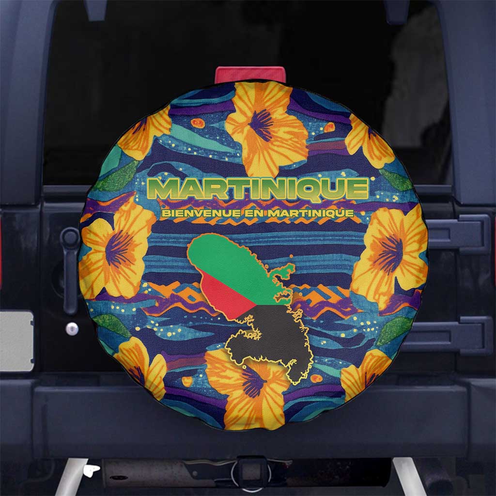 Martinique Map and Hibiscus Spare Tire Cover Island Silhouette with Tribal Stripe Accents