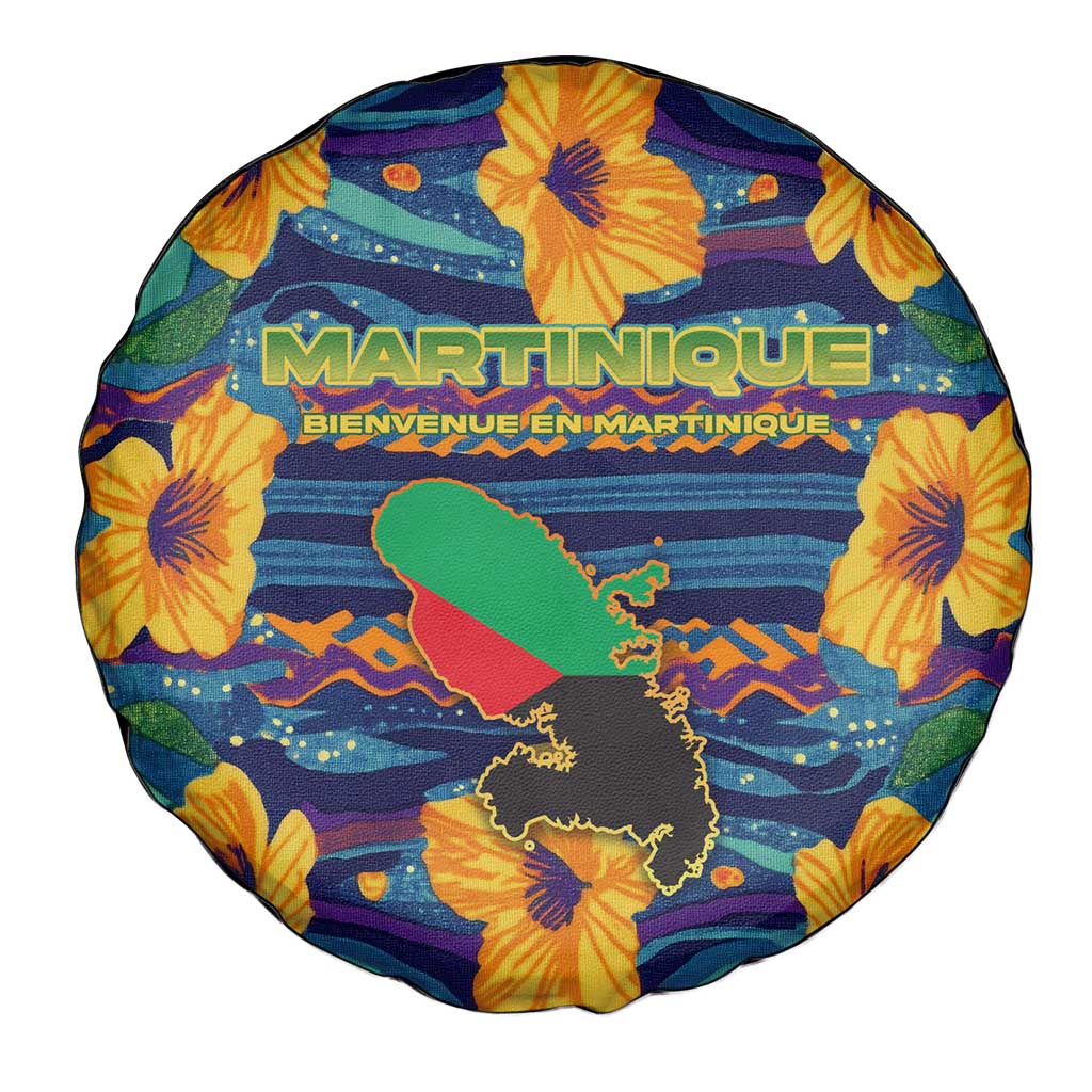 Martinique Map and Hibiscus Spare Tire Cover Island Silhouette with Tribal Stripe Accents