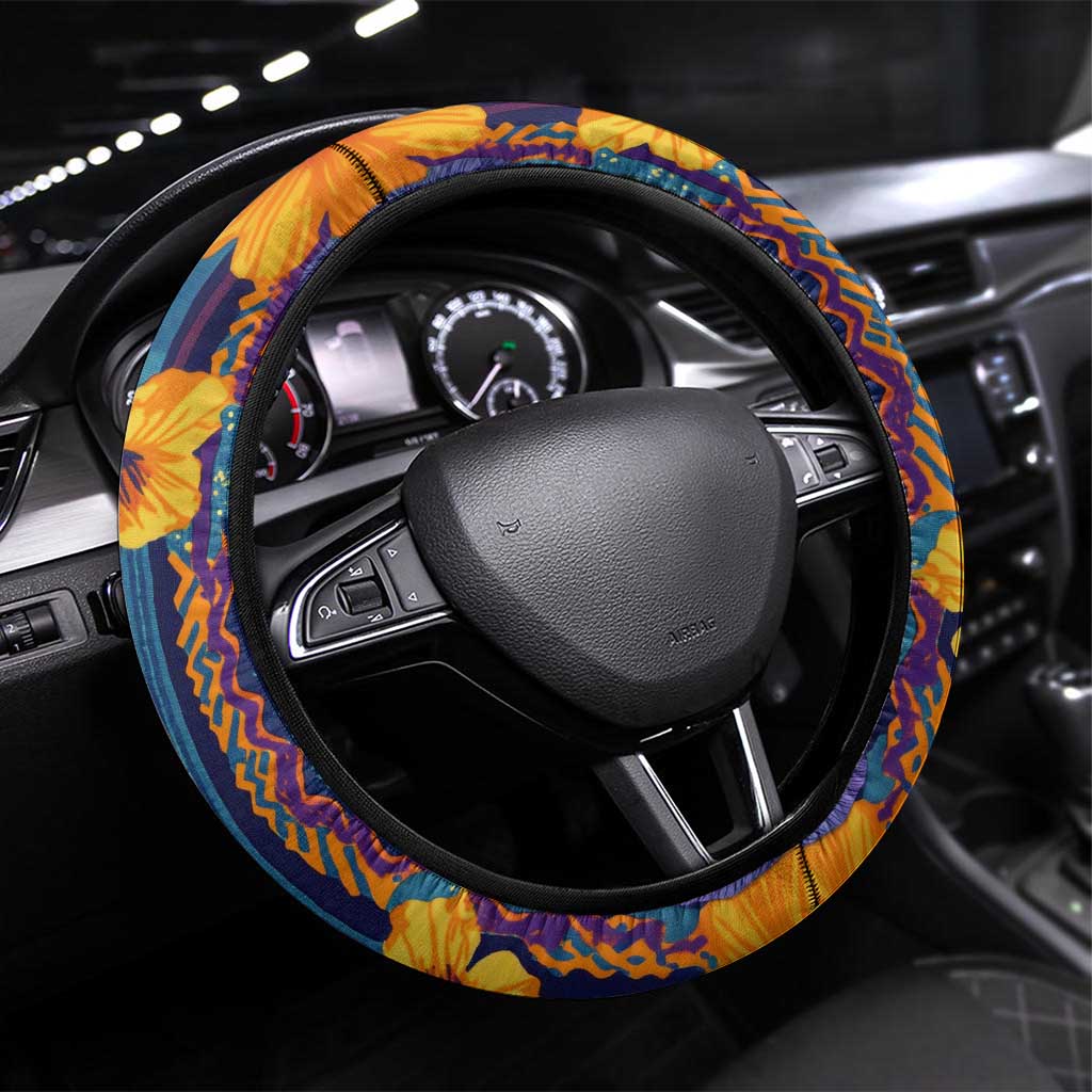 Martinique Map and Hibiscus Steering Wheel Cover Island Silhouette with Tribal Stripe Accents