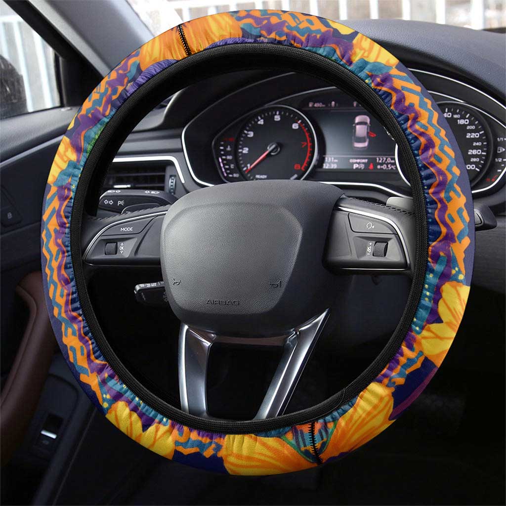 Martinique Map and Hibiscus Steering Wheel Cover Island Silhouette with Tribal Stripe Accents