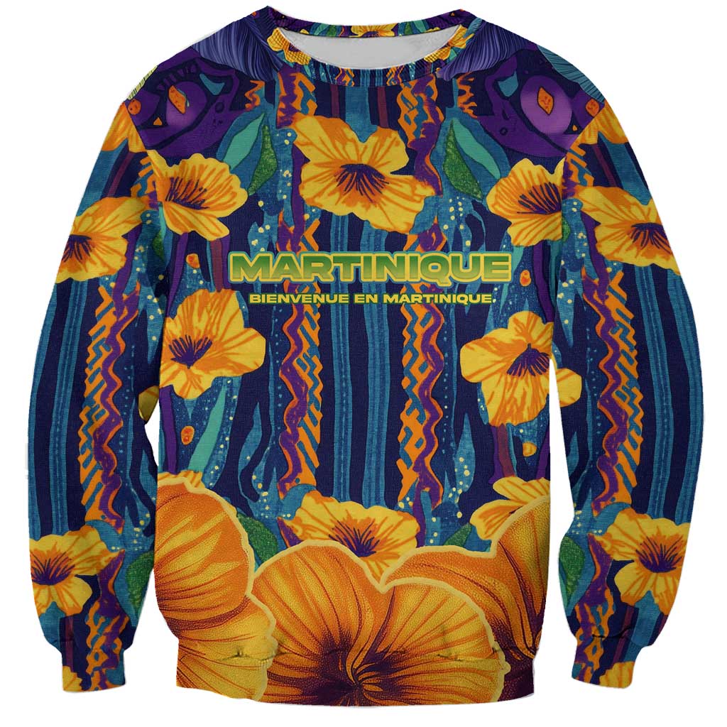 Martinique Map and Hibiscus Sweatshirt Island Silhouette with Tribal Stripe Accents