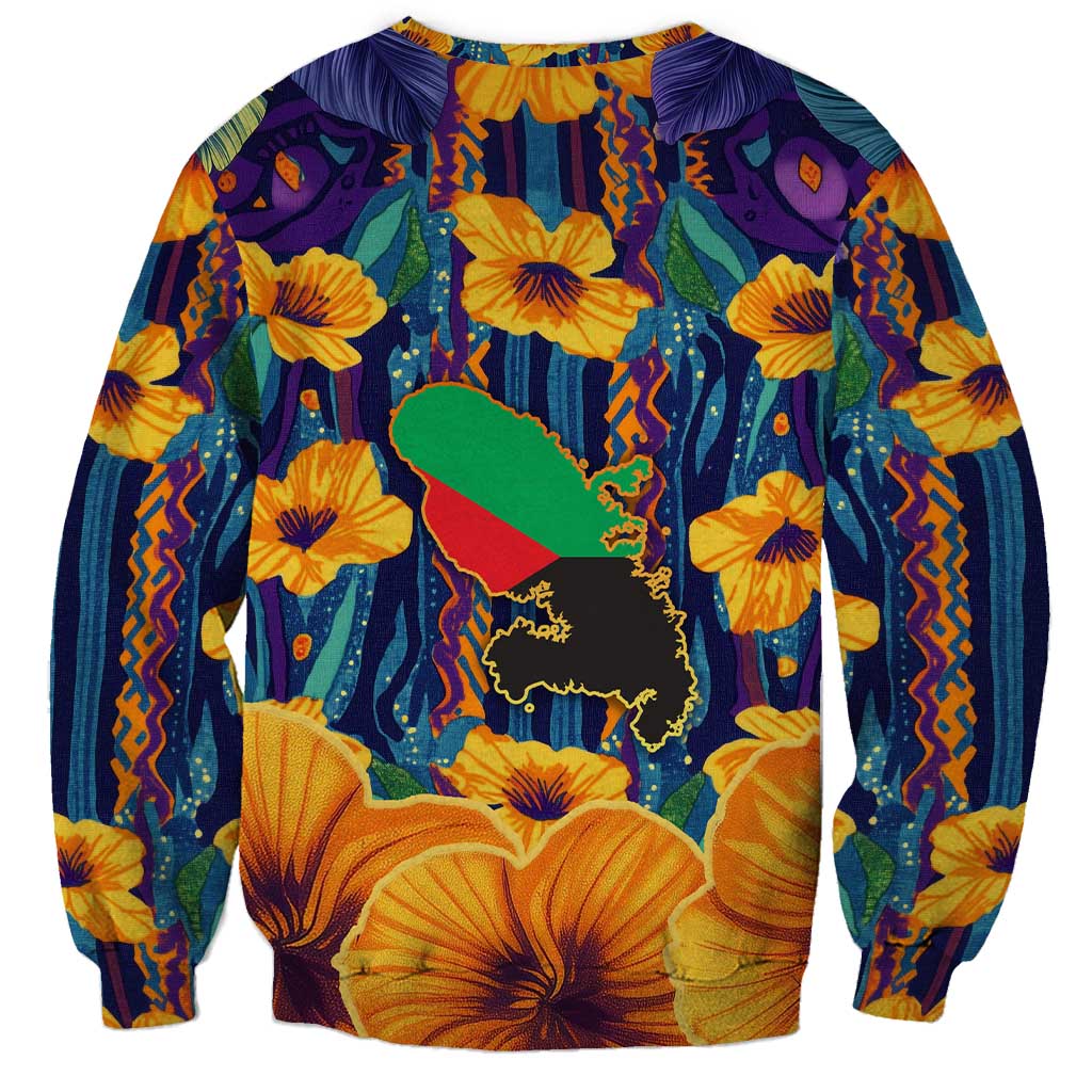 Martinique Map and Hibiscus Sweatshirt Island Silhouette with Tribal Stripe Accents
