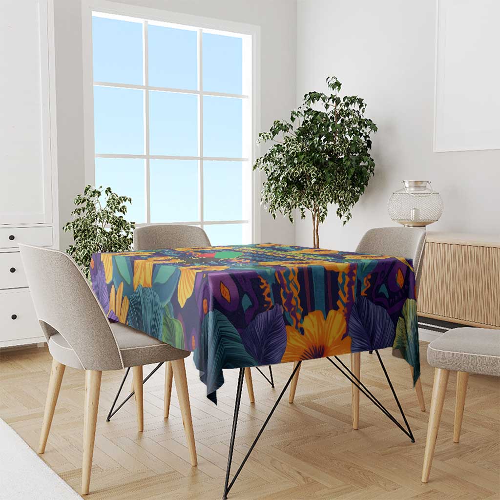 Martinique Map and Hibiscus Tablecloth Island Silhouette with Tribal Stripe Accents