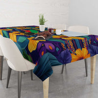 Martinique Map and Hibiscus Tablecloth Island Silhouette with Tribal Stripe Accents