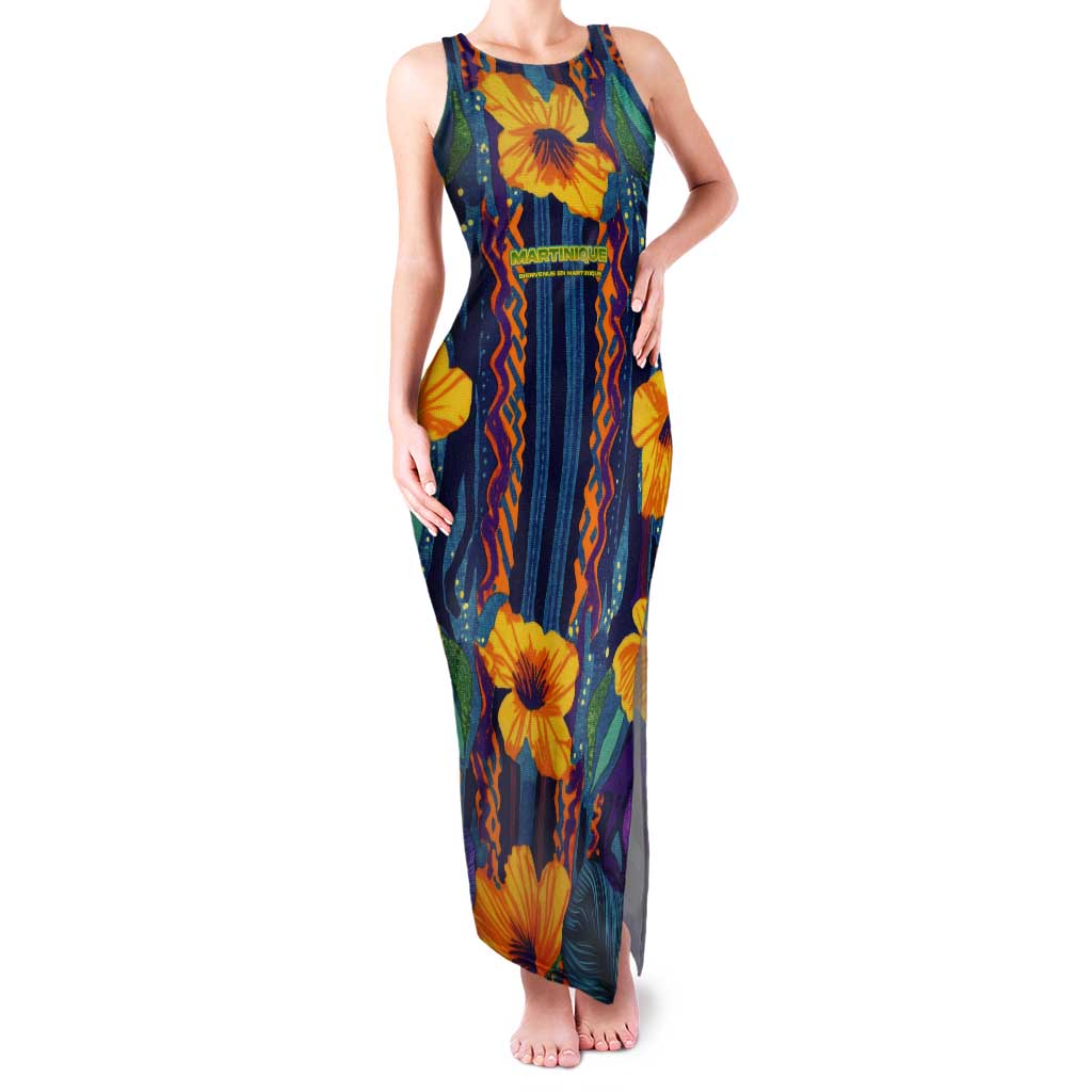 Martinique Map and Hibiscus Tank Maxi Dress Island Silhouette with Tribal Stripe Accents