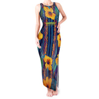 Martinique Map and Hibiscus Tank Maxi Dress Island Silhouette with Tribal Stripe Accents