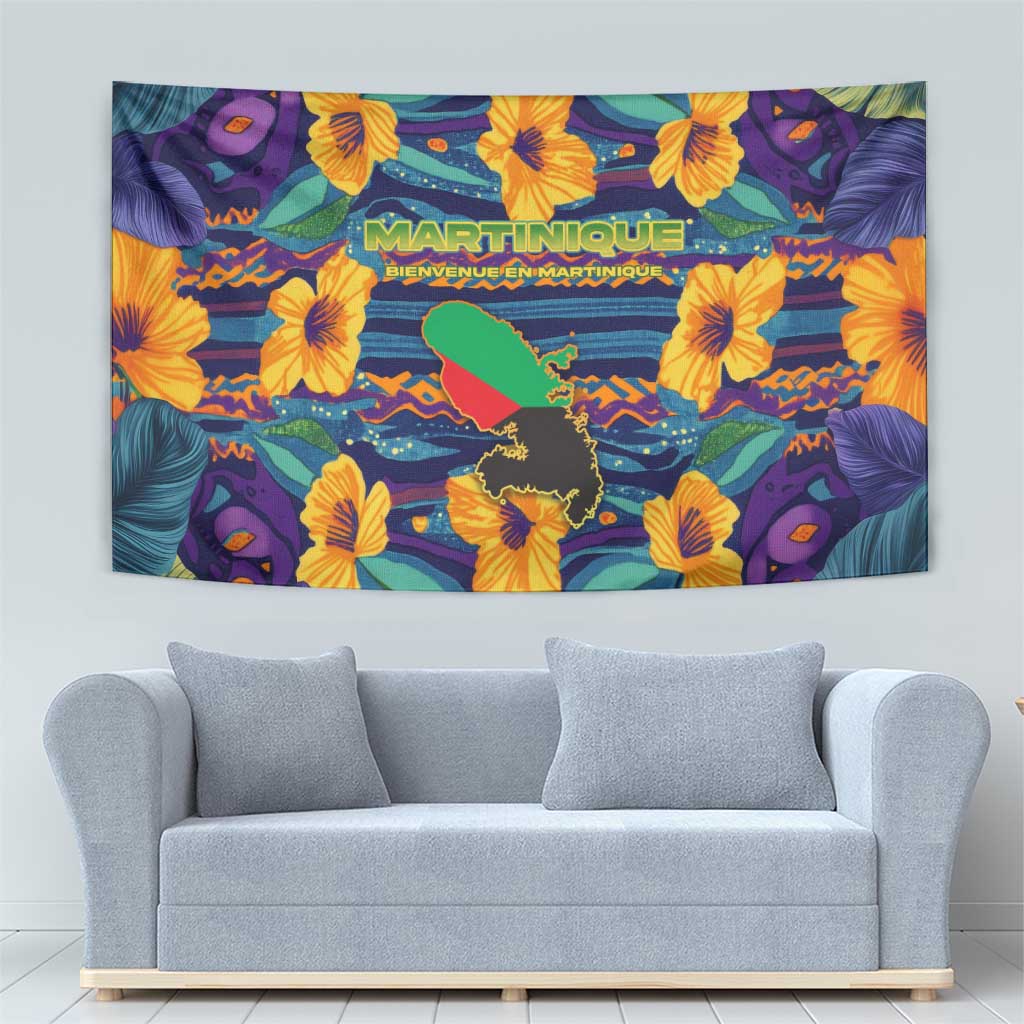 Martinique Map and Hibiscus Tapestry Island Silhouette with Tribal Stripe Accents