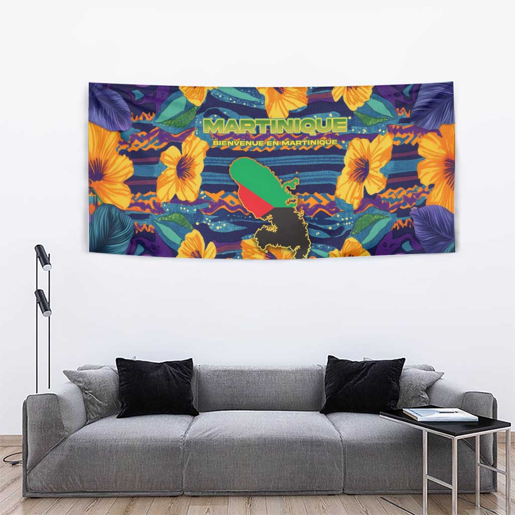 Martinique Map and Hibiscus Tapestry Island Silhouette with Tribal Stripe Accents