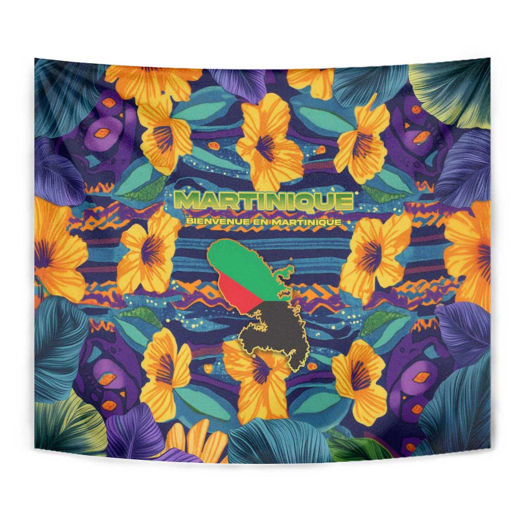 Martinique Map and Hibiscus Tapestry Island Silhouette with Tribal Stripe Accents