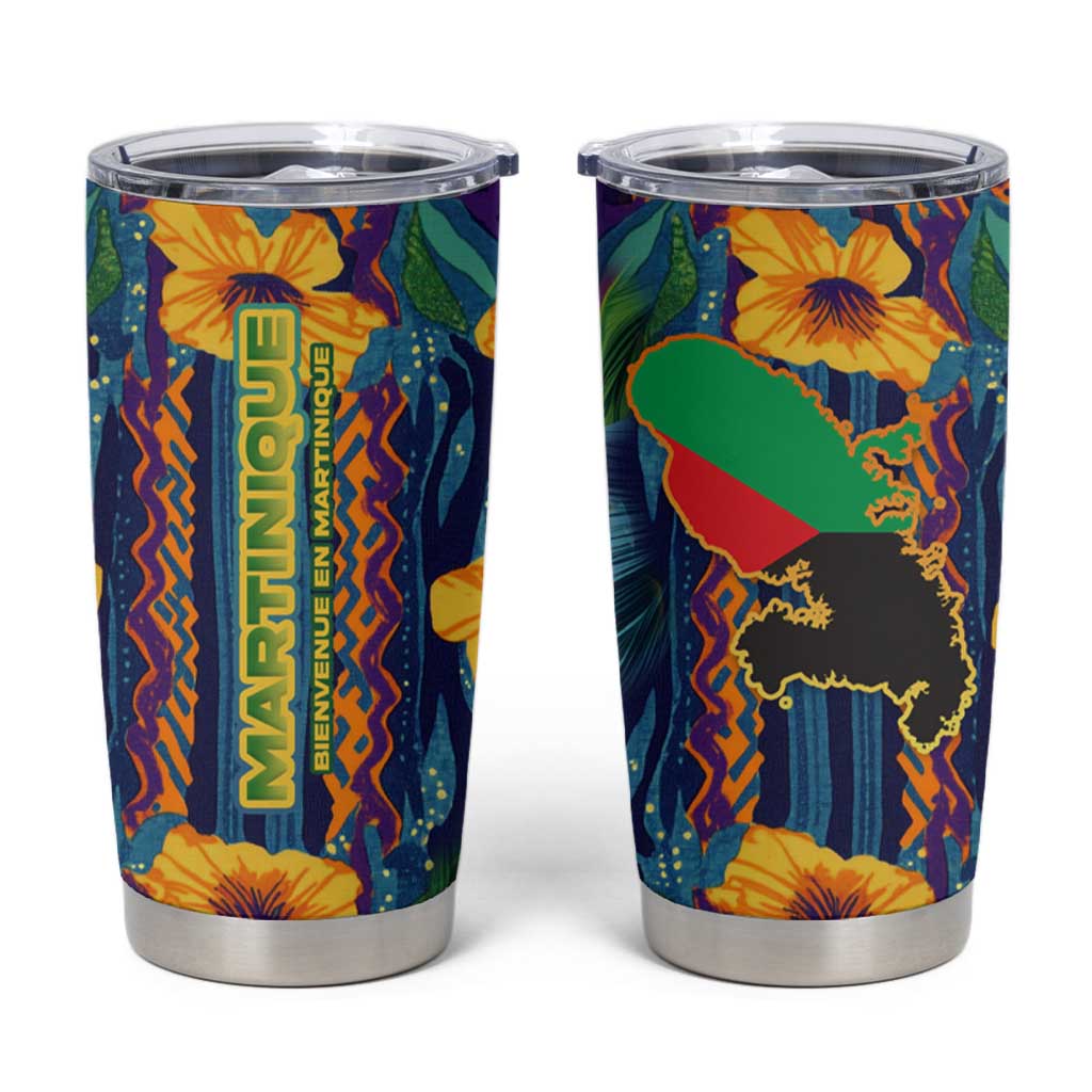 Martinique Map and Hibiscus Tumbler Cup Island Silhouette with Tribal Stripe Accents