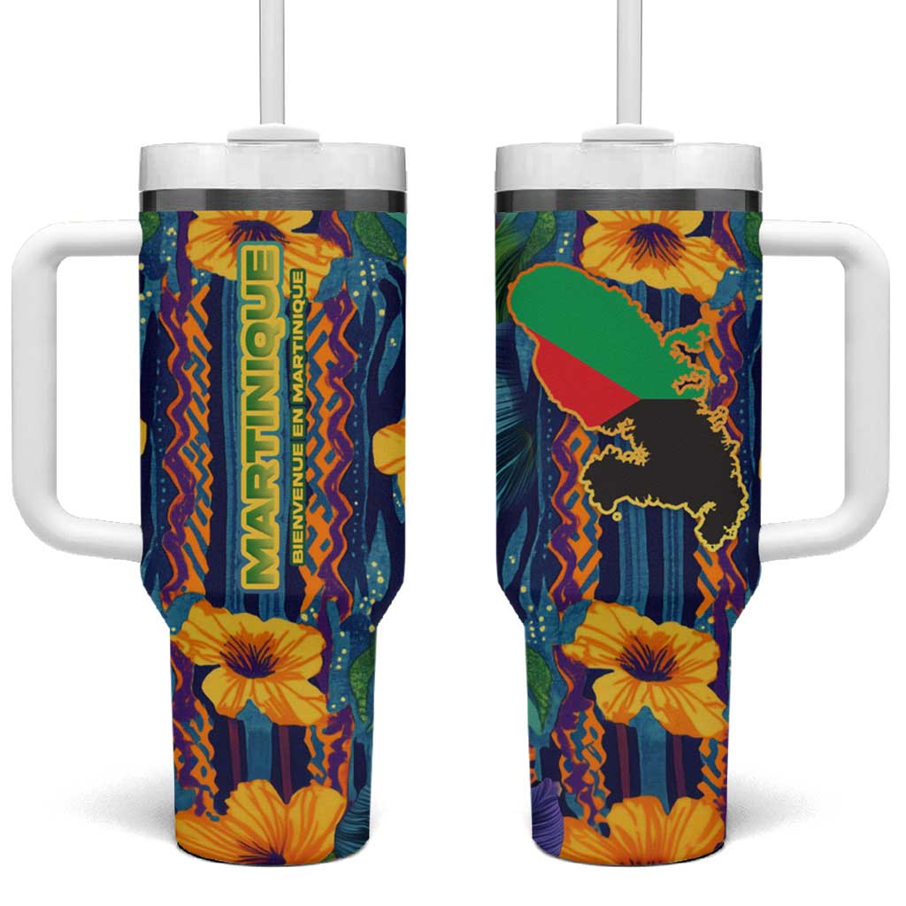 Martinique Map and Hibiscus Tumbler With Handle Island Silhouette with Tribal Stripe Accents