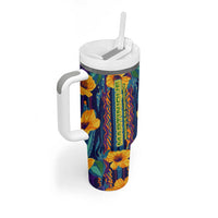 Martinique Map and Hibiscus Tumbler With Handle Island Silhouette with Tribal Stripe Accents