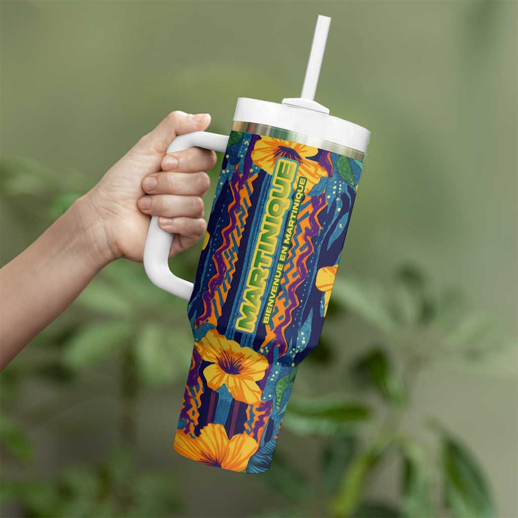 Martinique Map and Hibiscus Tumbler With Handle Island Silhouette with Tribal Stripe Accents