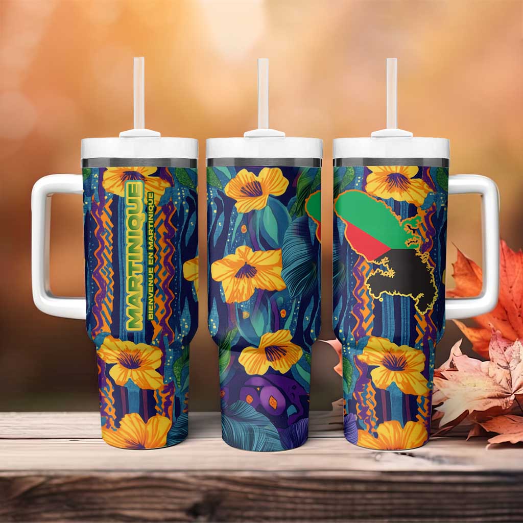 Martinique Map and Hibiscus Tumbler With Handle Island Silhouette with Tribal Stripe Accents