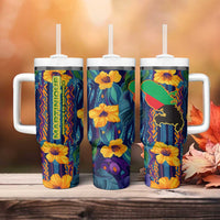 Martinique Map and Hibiscus Tumbler With Handle Island Silhouette with Tribal Stripe Accents