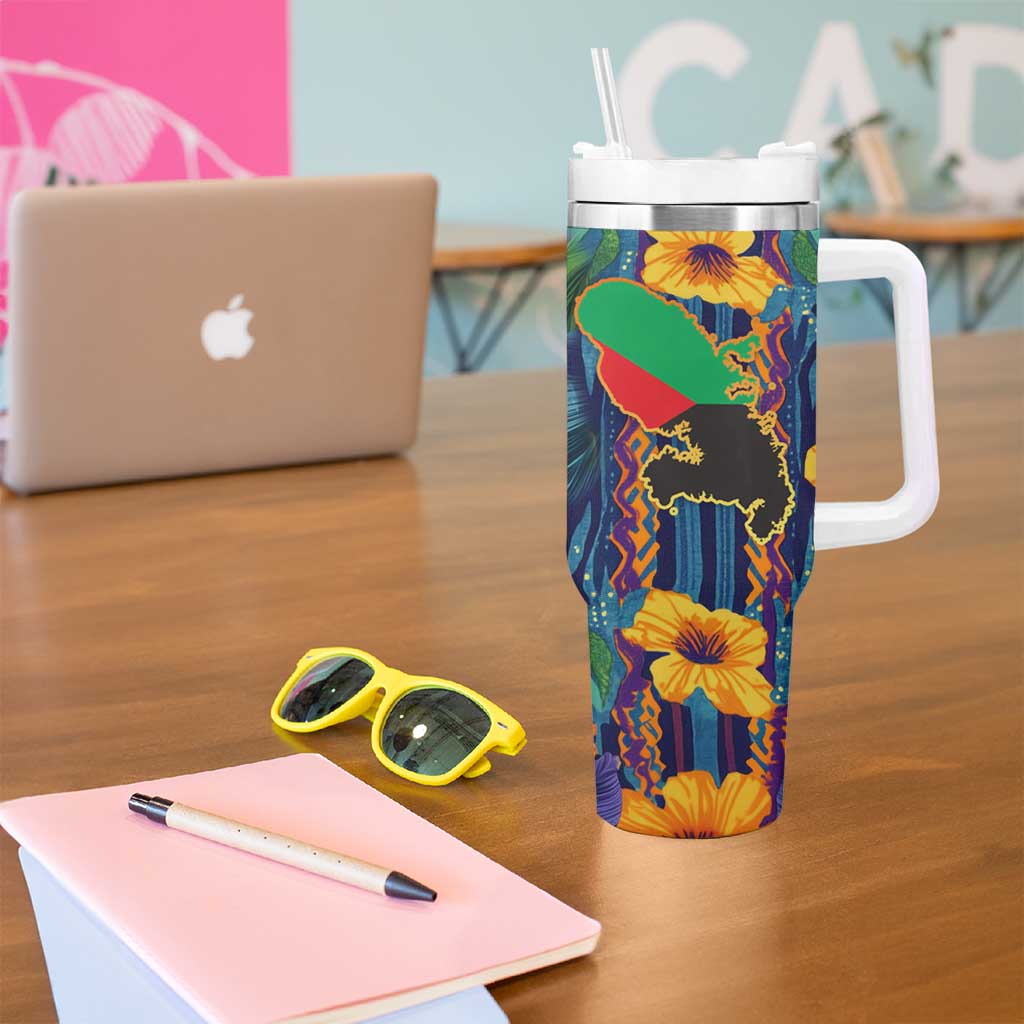 Martinique Map and Hibiscus Tumbler With Handle Island Silhouette with Tribal Stripe Accents