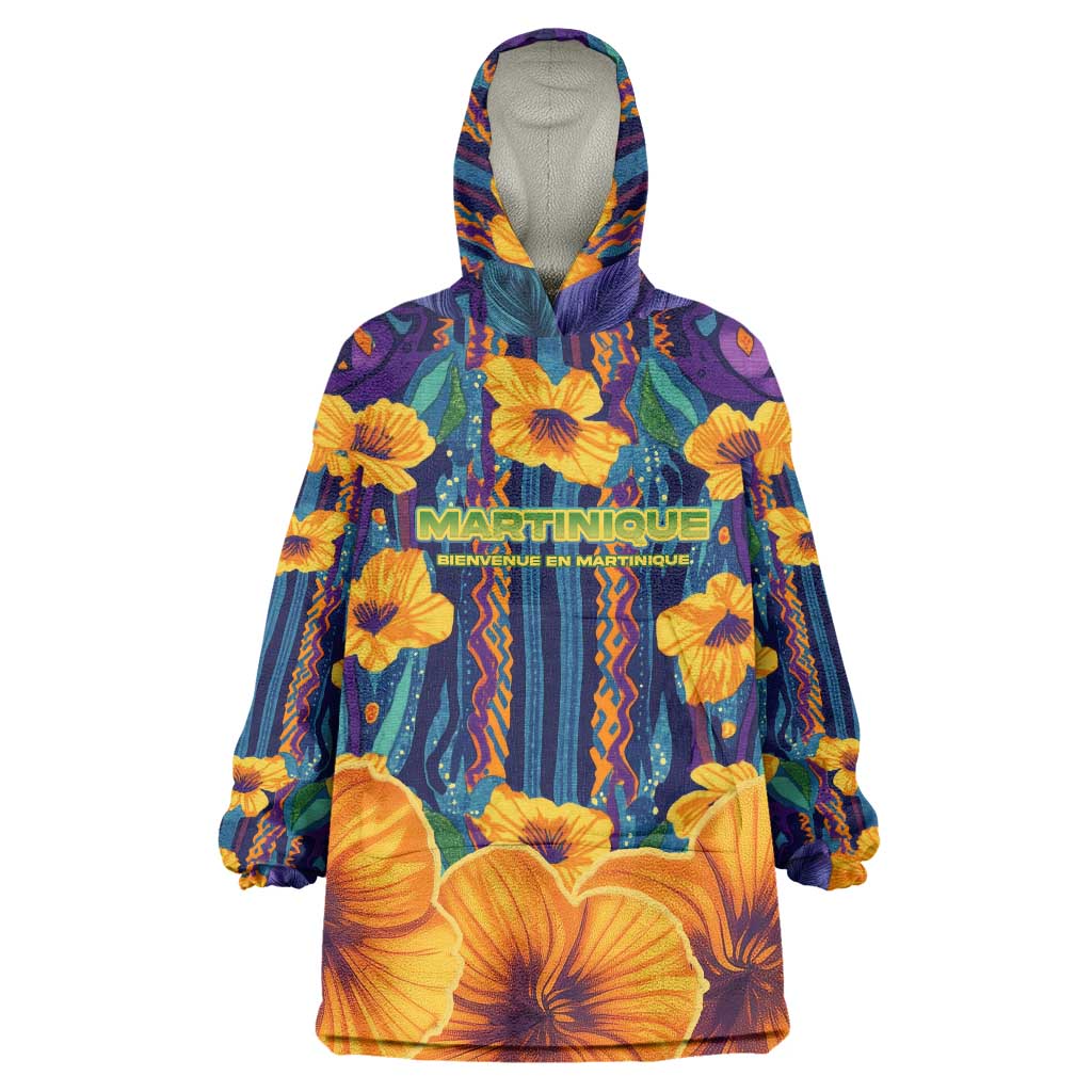 Martinique Map and Hibiscus Wearable Blanket Hoodie Island Silhouette with Tribal Stripe Accents