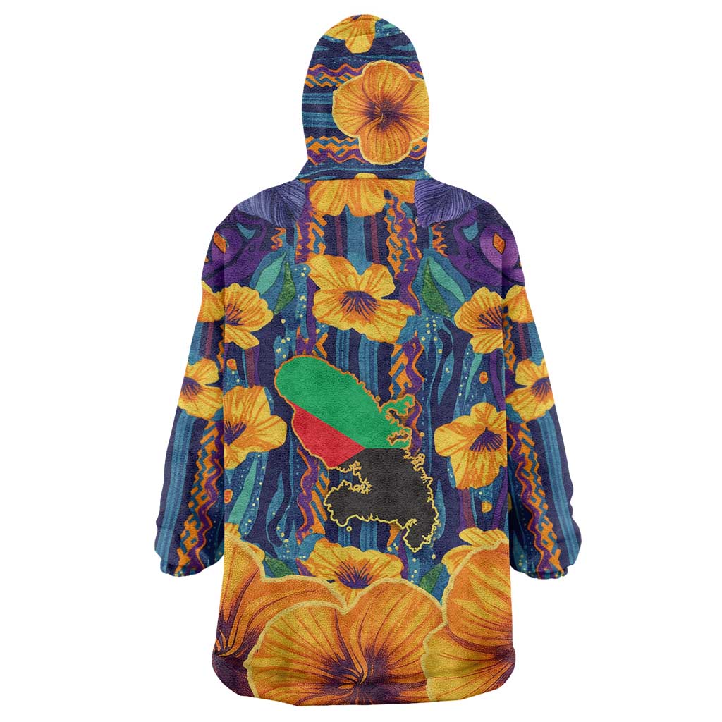 Martinique Map and Hibiscus Wearable Blanket Hoodie Island Silhouette with Tribal Stripe Accents