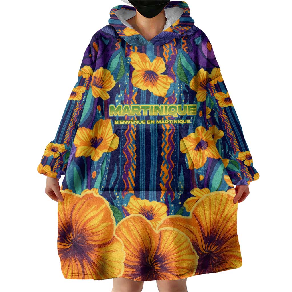 Martinique Map and Hibiscus Wearable Blanket Hoodie Island Silhouette with Tribal Stripe Accents