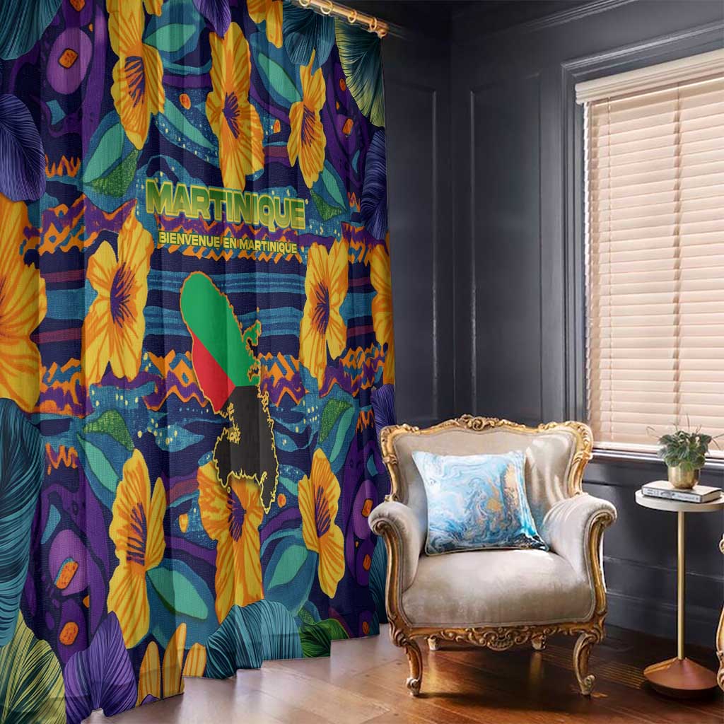 Martinique Map and Hibiscus Window Curtain Island Silhouette with Tribal Stripe Accents