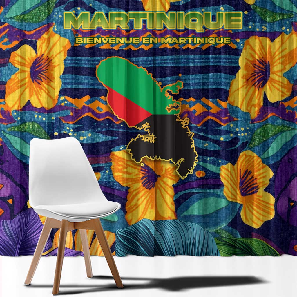 Martinique Map and Hibiscus Window Curtain Island Silhouette with Tribal Stripe Accents