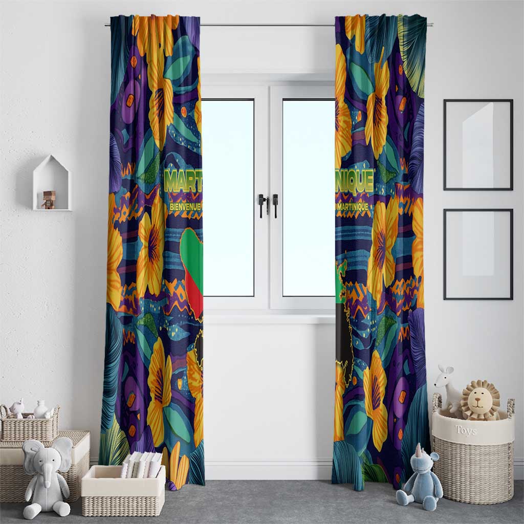 Martinique Map and Hibiscus Window Curtain Island Silhouette with Tribal Stripe Accents
