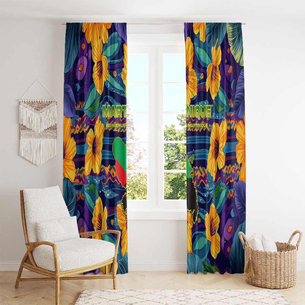 Martinique Map and Hibiscus Window Curtain Island Silhouette with Tribal Stripe Accents