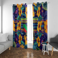 Martinique Map and Hibiscus Window Curtain Island Silhouette with Tribal Stripe Accents