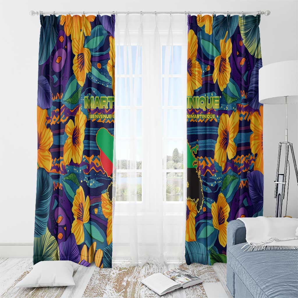 Martinique Map and Hibiscus Window Curtain Island Silhouette with Tribal Stripe Accents