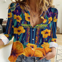 Martinique Map and Hibiscus Women Casual Shirt Island Silhouette with Tribal Stripe Accents