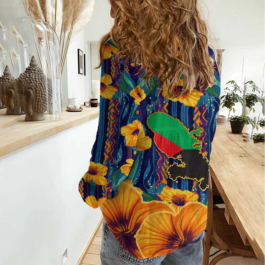 Martinique Map and Hibiscus Women Casual Shirt Island Silhouette with Tribal Stripe Accents
